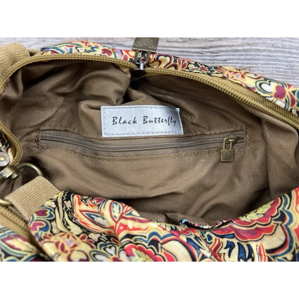 Black Butterfly Bohemian Style Canvas‎ Sling Backpack Multicolor Paisley Floral